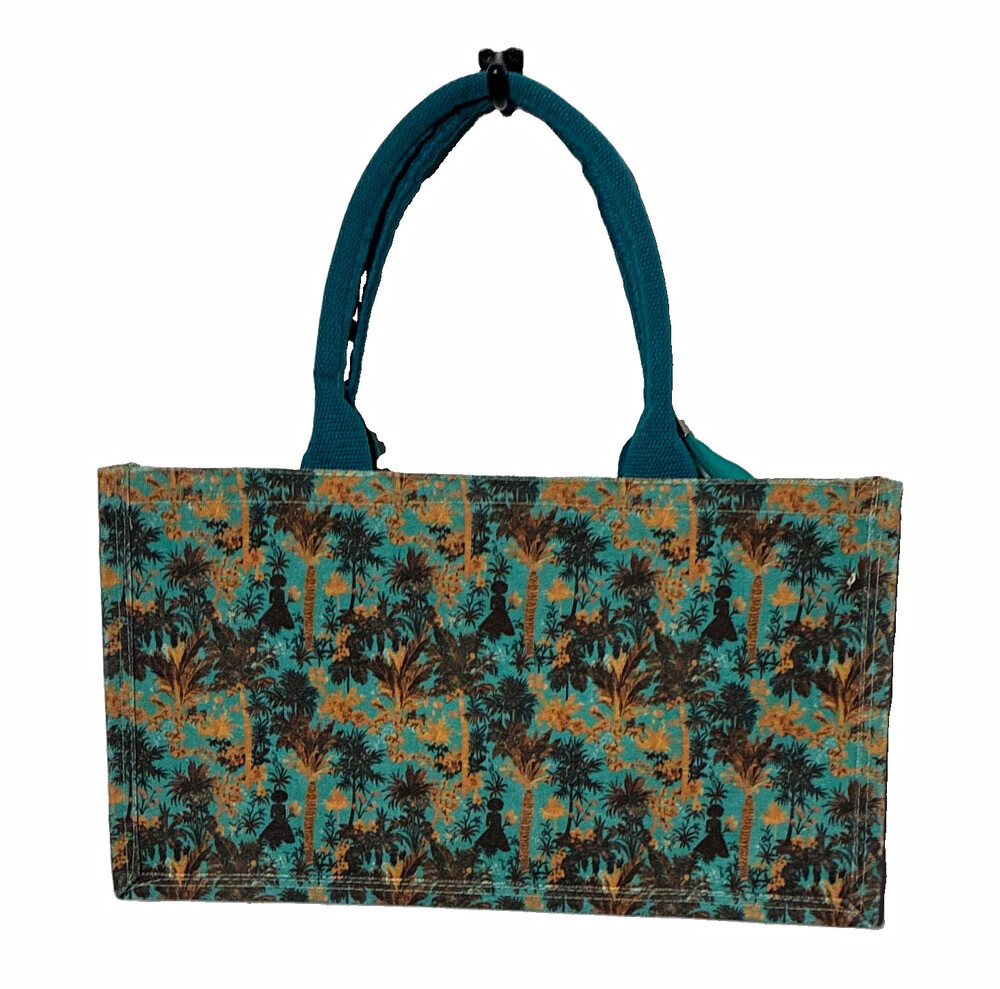 Women’s Teal & Brown Floral Quilted Tote Bag Double Handles Open w/ Pouch